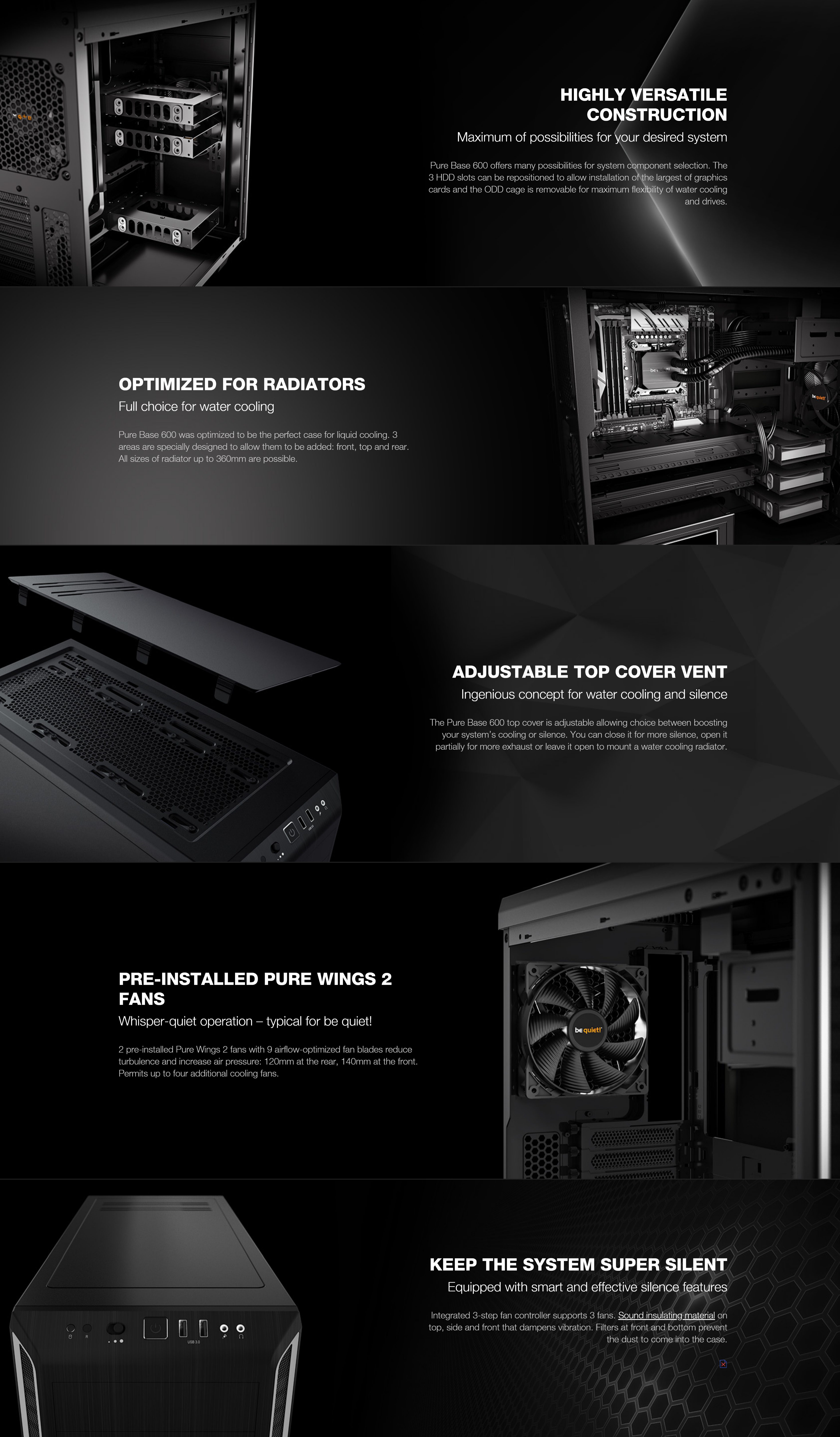 A large marketing image providing additional information about the product be quiet! PURE BASE 600 Mid Tower Case - Silver - Additional alt info not provided